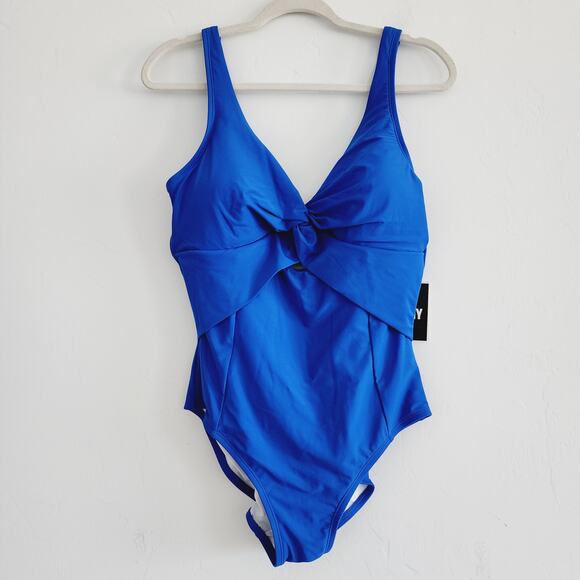 DKNY 50 UPF/SPF Cobalt Blue One Piece Swimsuit V-Neck Knotted Front 14 / Large - Picture 3 of 10